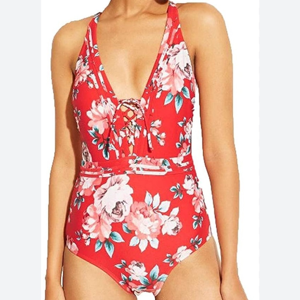Kona Sol Red Floral One Piece Swimsuit